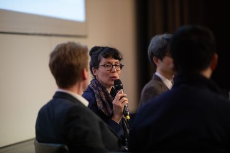 close up moderator talking in panel discussion